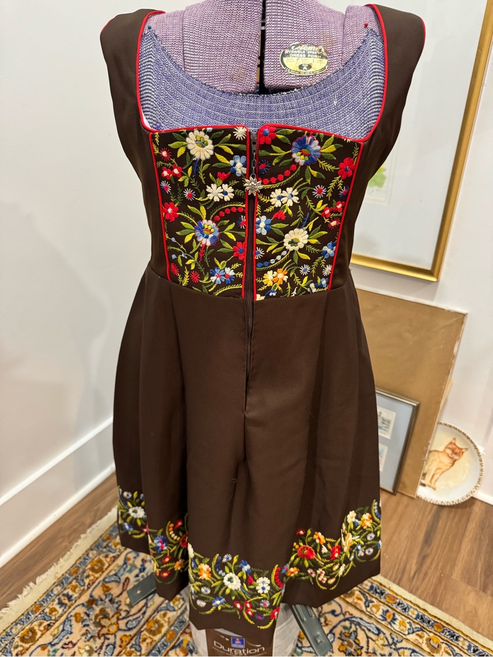 Brown Midi Dress with Colorful Floral Embroidered Bodice